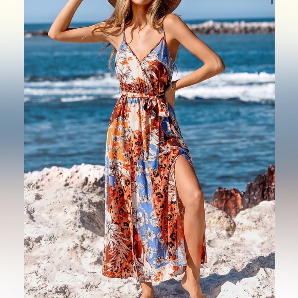 NWT SIZE M Floral patchwork Maxi Dress with Slit flowy summer beach travel